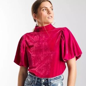 Free People Mock Neck Fuchsia Velvet Women's Blouse